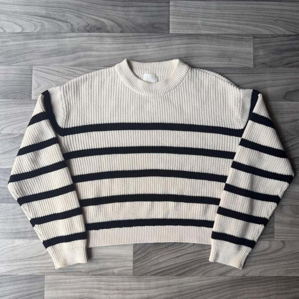 H&M Striped Cream Black Ribbed Knit Sweater